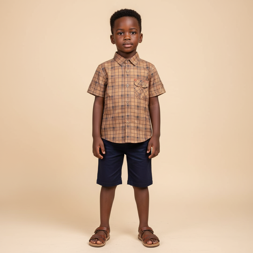 Smart-Kids Camel Tartan Plaid Short-Sleeve Shirt - Model Shot