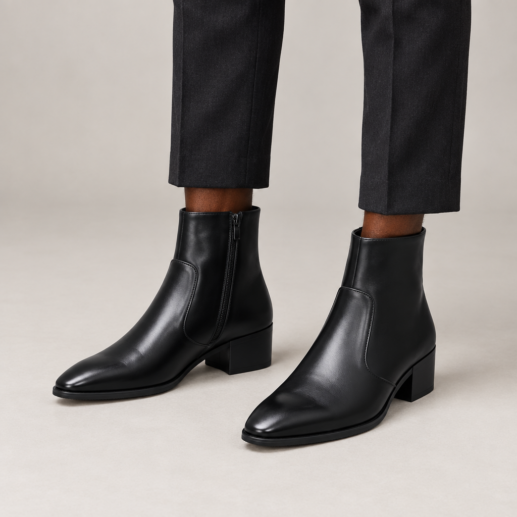 Both black smooth ankle boots worn with dark trousers