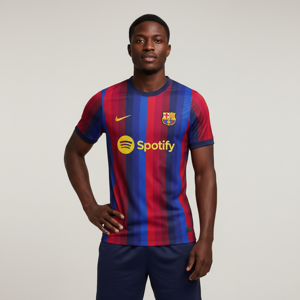Nigerian male model wearing FC Barcelona home jersey