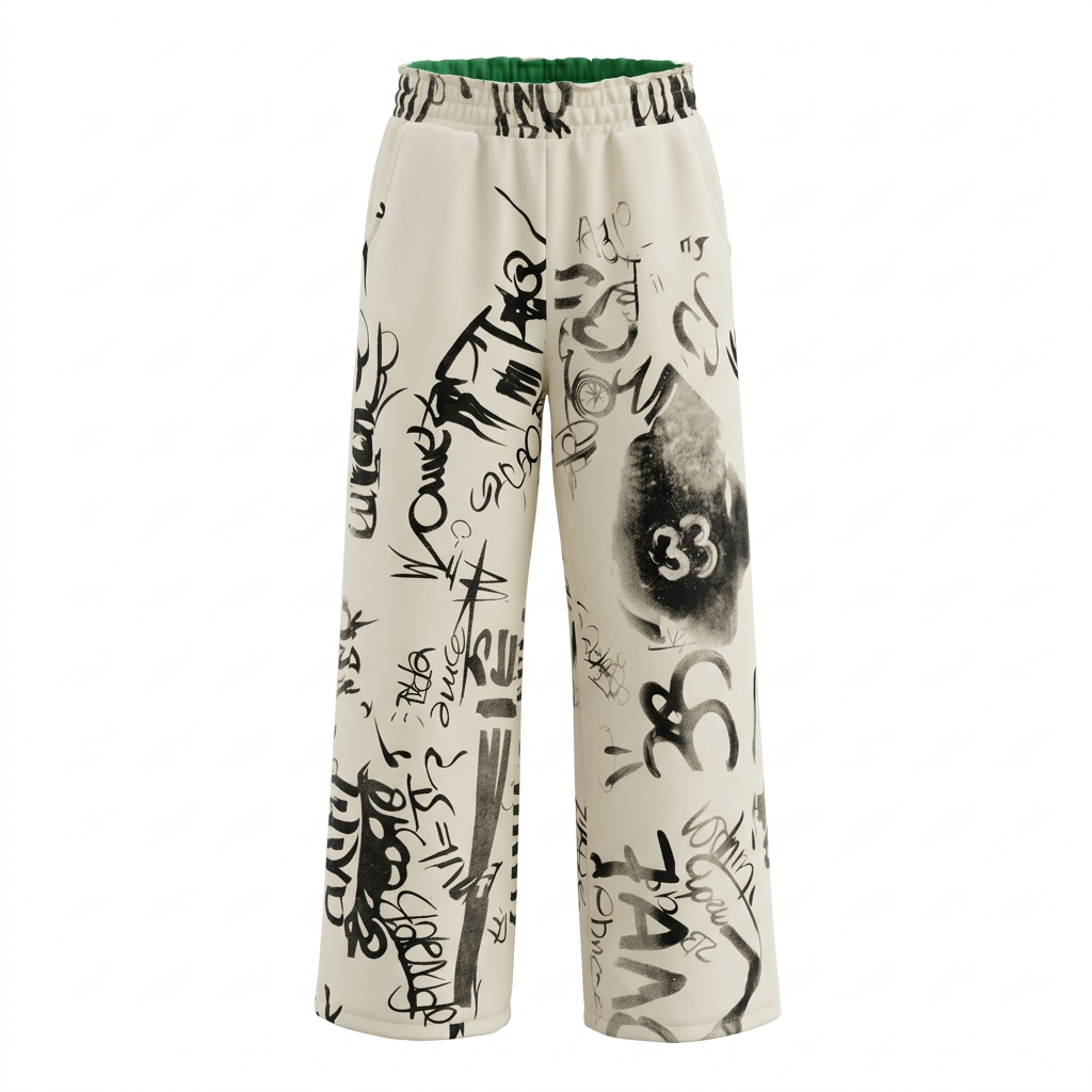 Cream graffiti side of reversible wide-leg joggers in shaped ghost mannequin view
