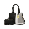 Black white and grey colour-block tote with matching black wristlet on white background