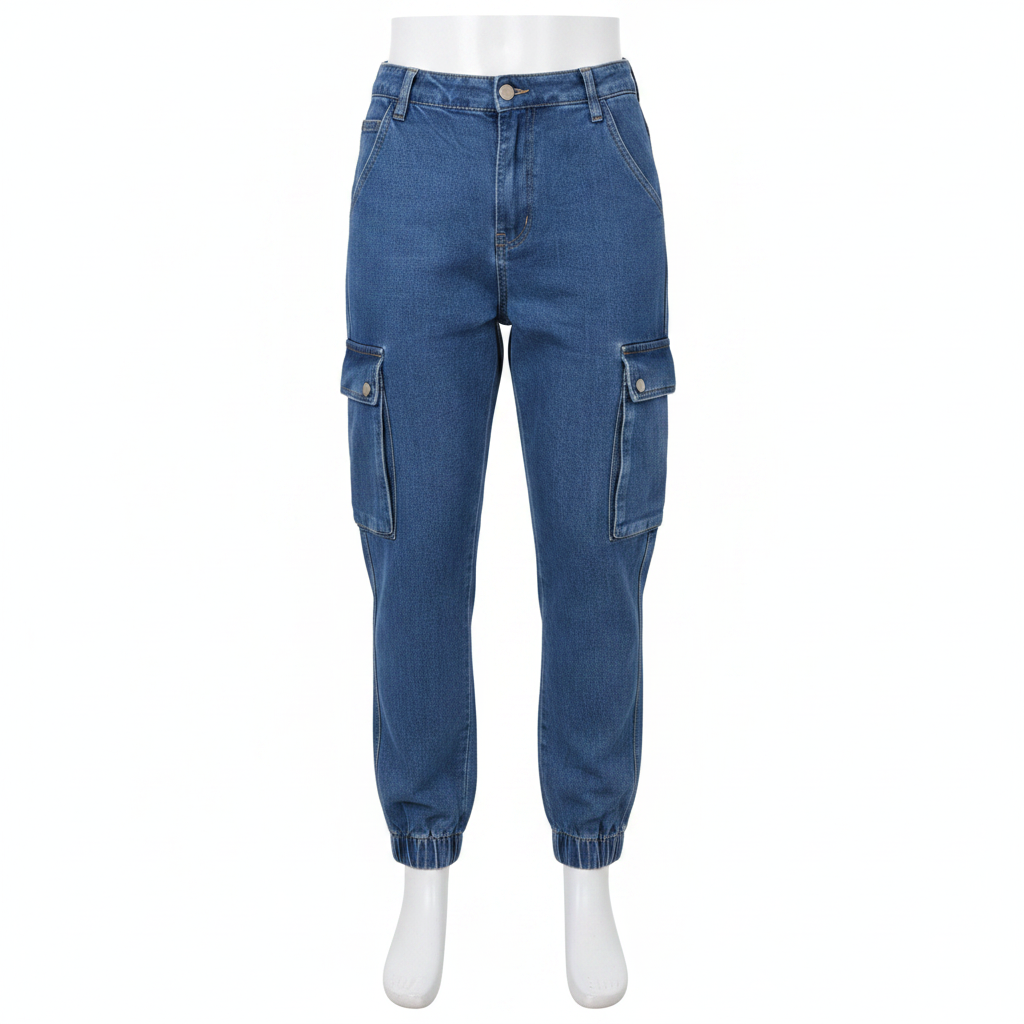 Blue Denim Cargo Jogger Jeans – Front Ghost Mannequin