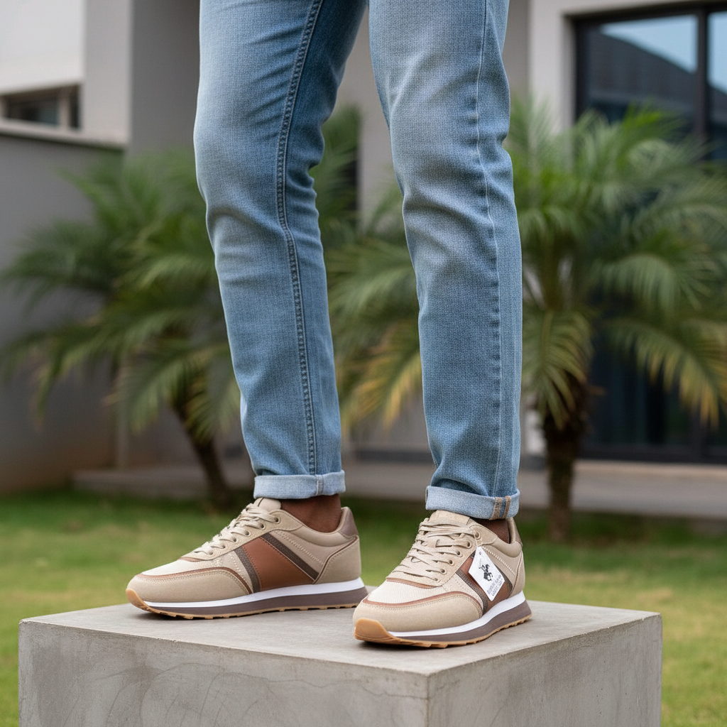 Black male model wearing men's beige and brown mesh lace-up sneakers, leg-focused view