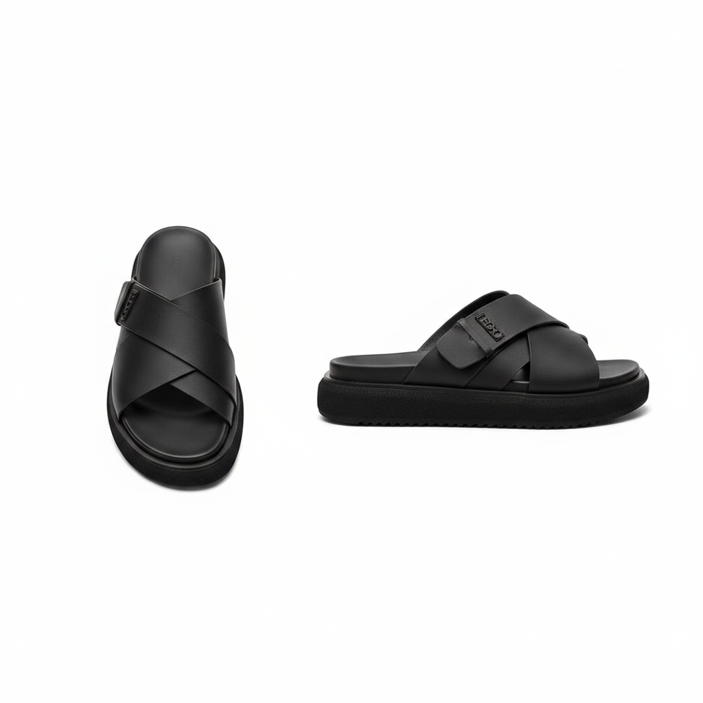 Men's black leather cross-strap platform slides ghost mannequin front and side view