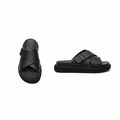 Men's black leather cross-strap platform slides ghost mannequin front and side view