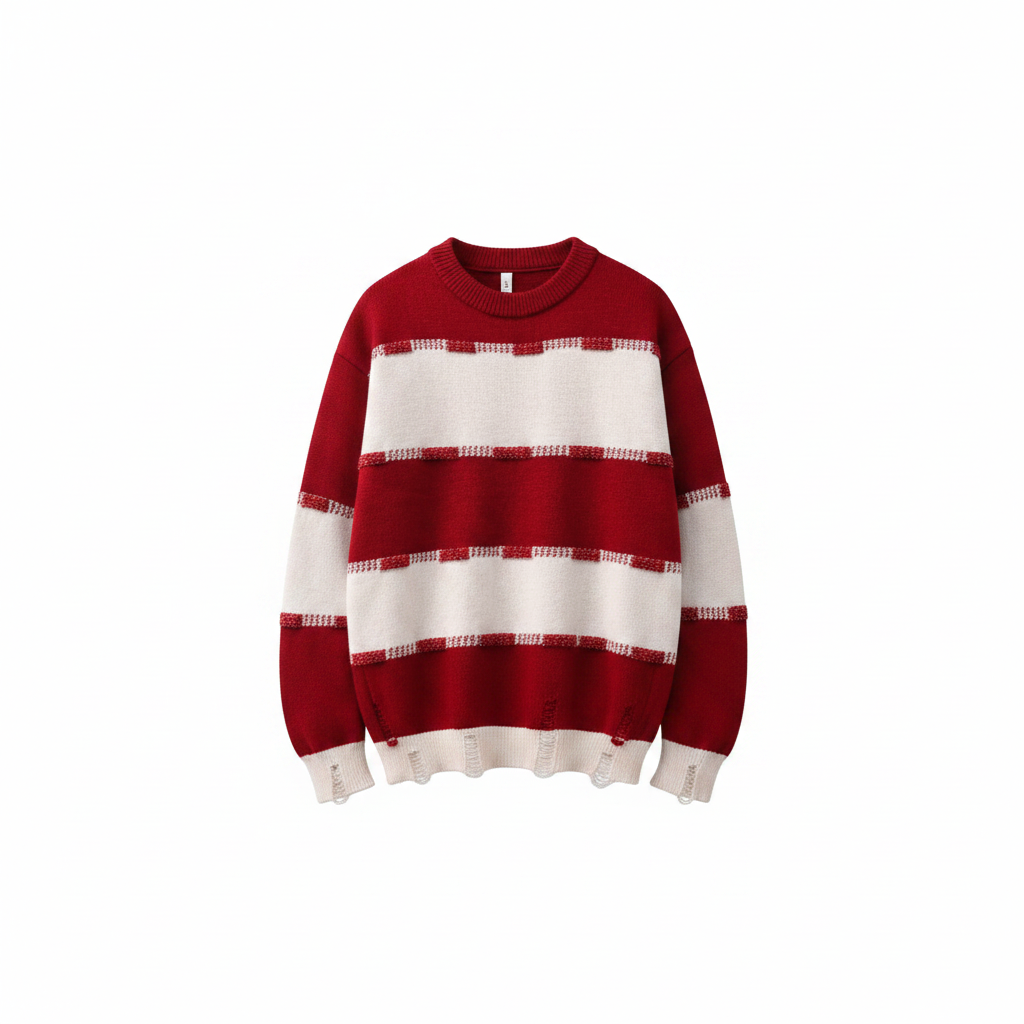 Men's red white stripe distressed knit sweater ghost mannequin front view