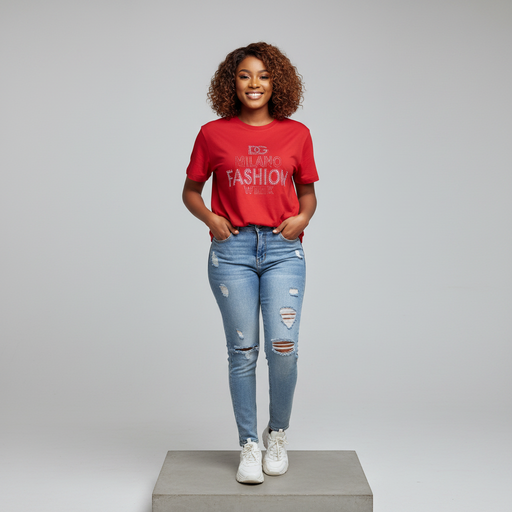 Nigerian female model front view wearing red rhinestone fashion text T-shirt