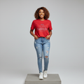 Nigerian female model front view wearing red rhinestone fashion text T-shirt