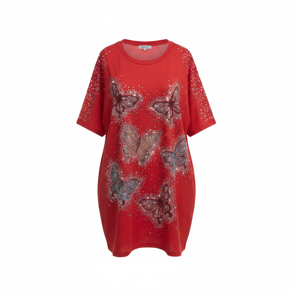 Rhinestone Butterfly Print Oversized T-Shirt – Ghost Mannequin Red