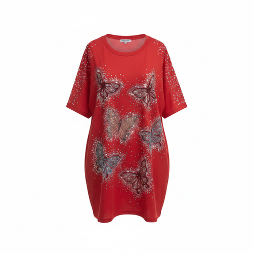 Rhinestone Butterfly Print Oversized T-Shirt – Ghost Mannequin Red