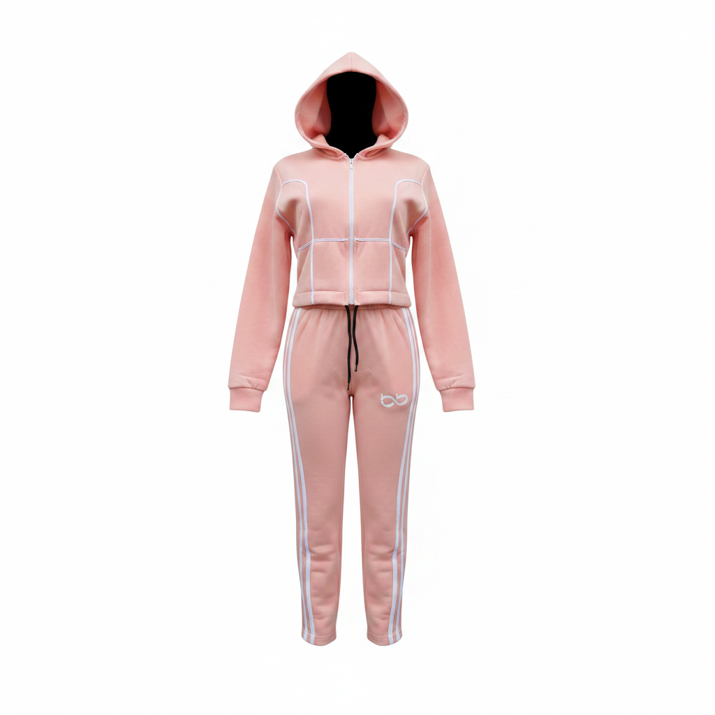 Women's blush pink zip-up hoodie tracksuit co-ord set with white side stripes, ghost mannequin view