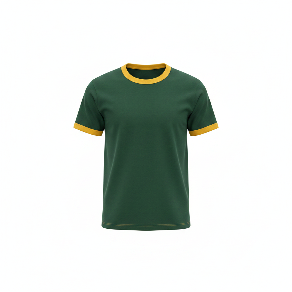 Men's dark green ringer crew-neck t-shirt with yellow contrast trim on neckline and cuffs, ghost mannequin front view
