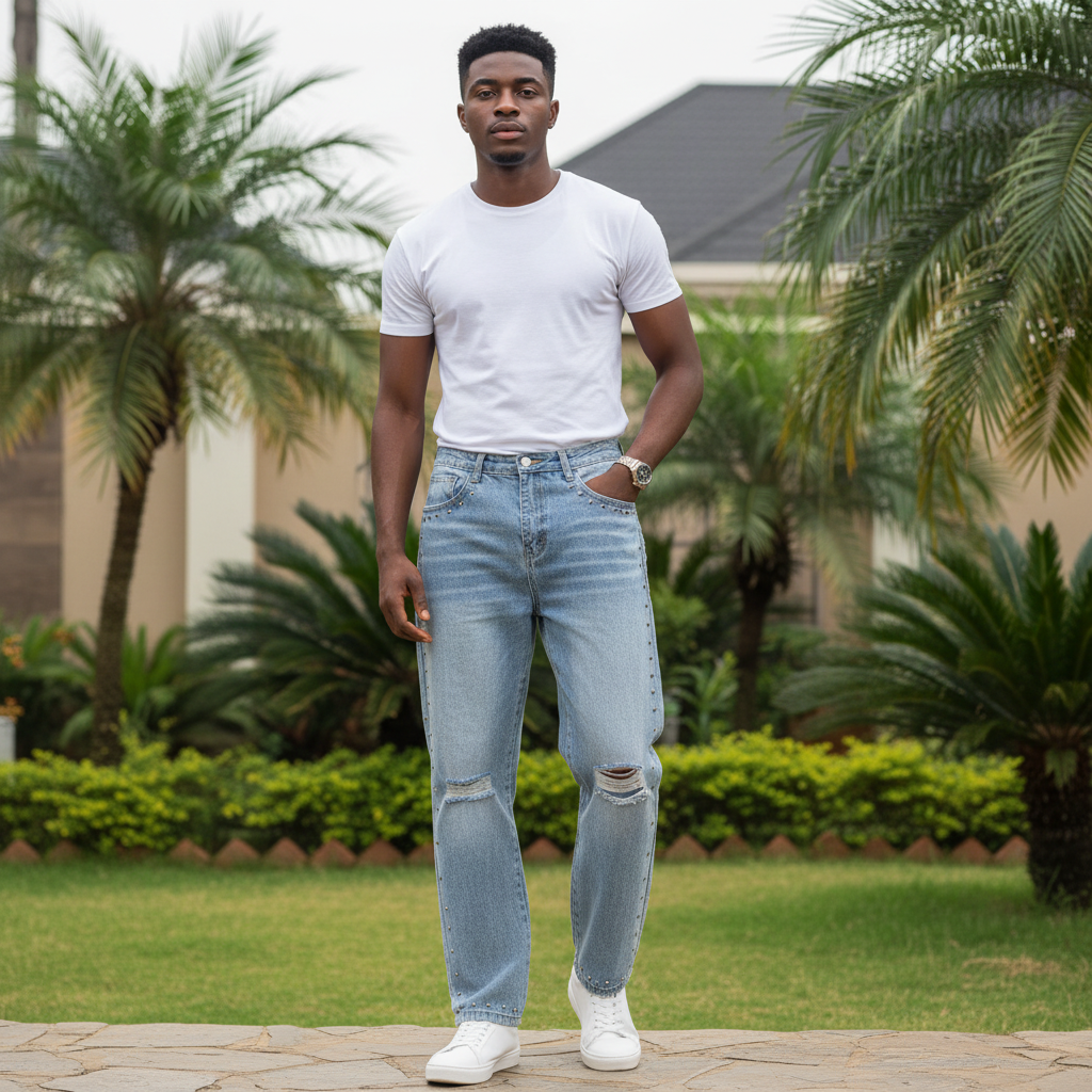 Nigerian male model wearing light blue dark rhinestone stud distressed denim jeans