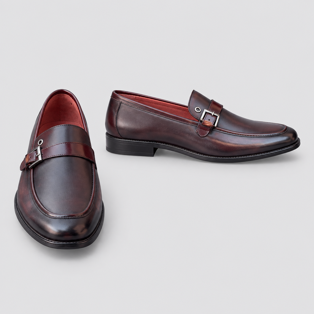 Men's brown buckle strap loafers, front and side view