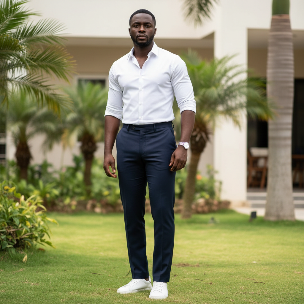 Nigerian male model wearing navy blue trousers in outdoor setting