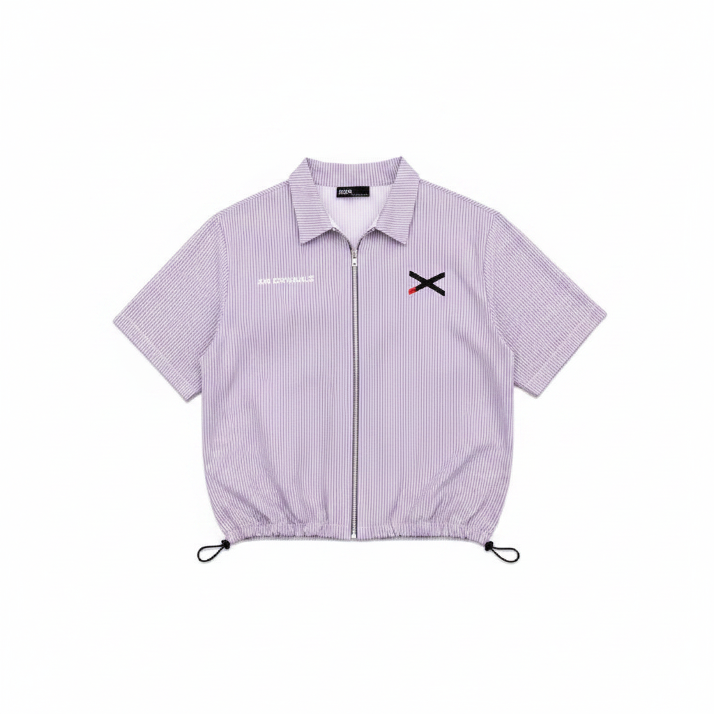 Men's lavender pinstripe zip-up varsity shirt – ghost mannequin front view