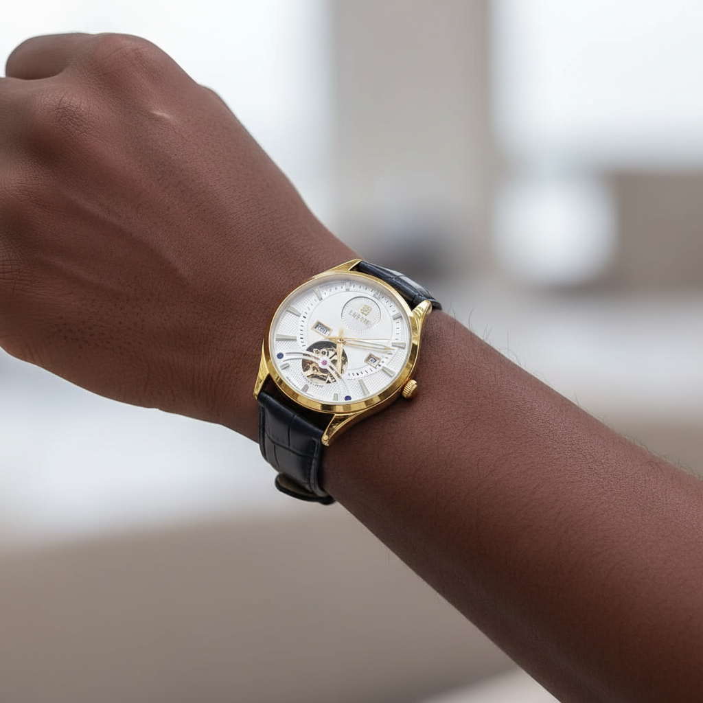 Gold-tone open-heart watch with white dial and dark navy textured strap worn on a Black man’s wrist