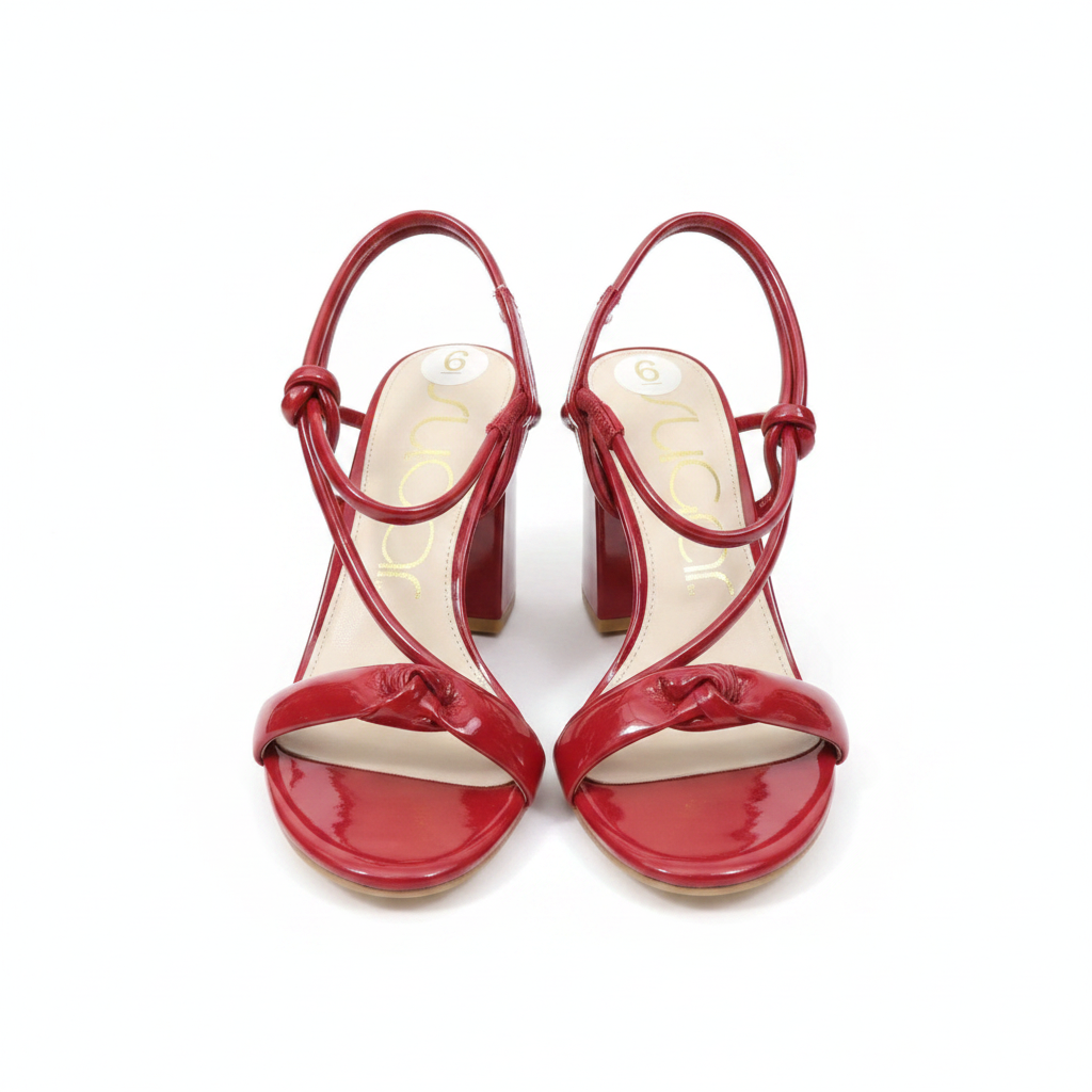 Women's red patent leather knotted strap block heel sandals ghost mannequin pair view