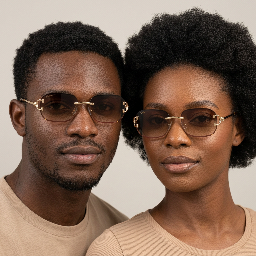 AI-generated adults wearing gold-tone brown-gradient sunglasses
