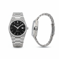 Silver engraved black tapisserie dial dress watch — front and side view
