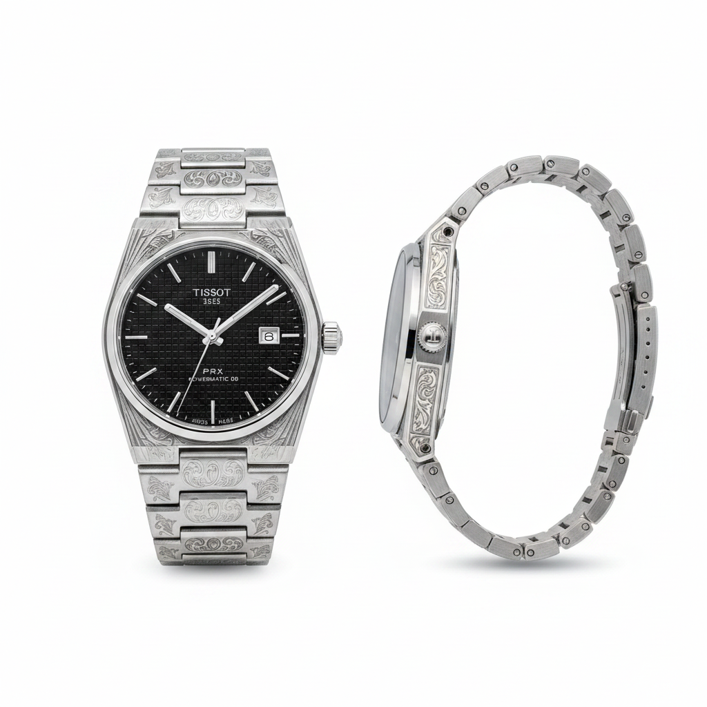 Silver engraved black tapisserie dial dress watch — front and side view