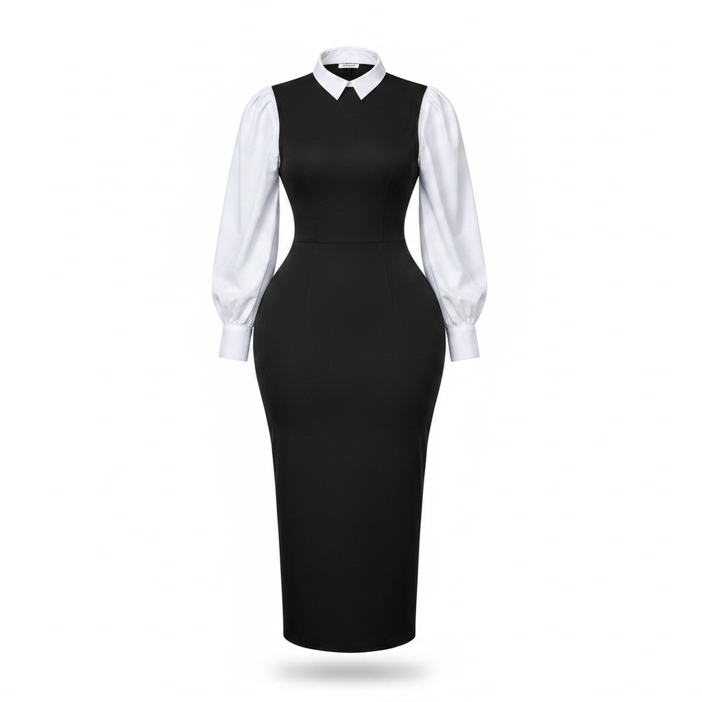 Black and white puff sleeve collar bodycon midi dress ghost mannequin front view