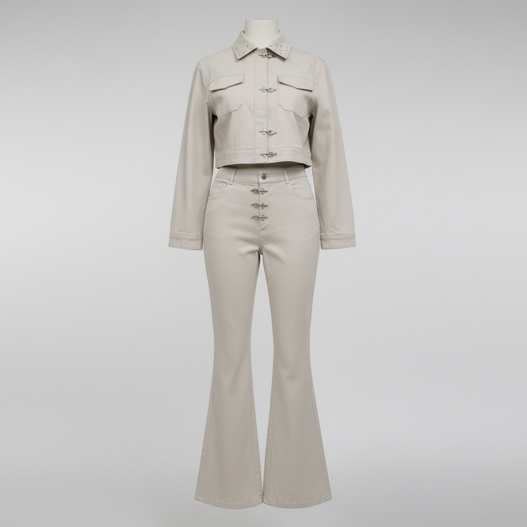 Ghost mannequin cream beige star-collar denim flare set