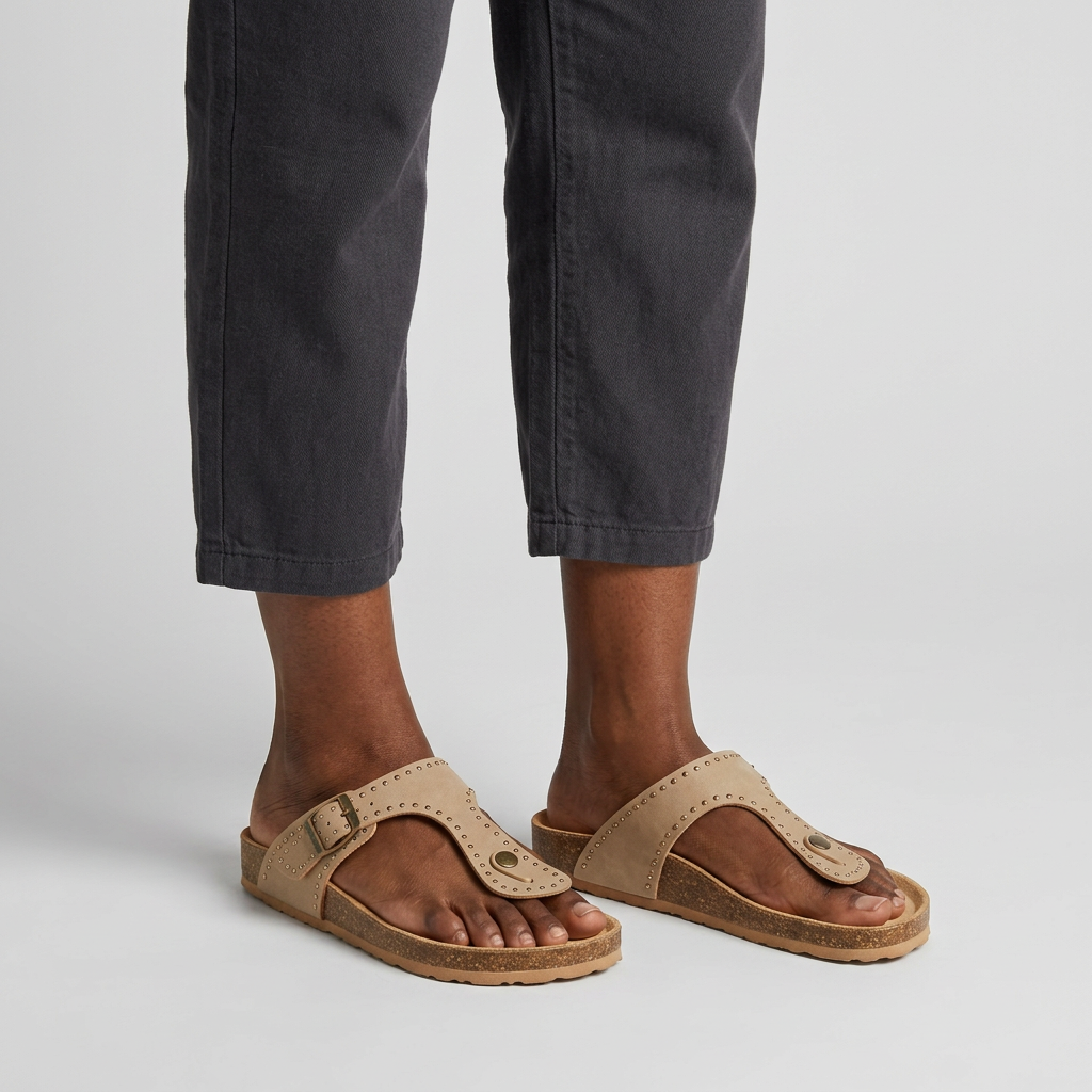 Woman wearing beige studded toe-post slide sandals on a plain studio background