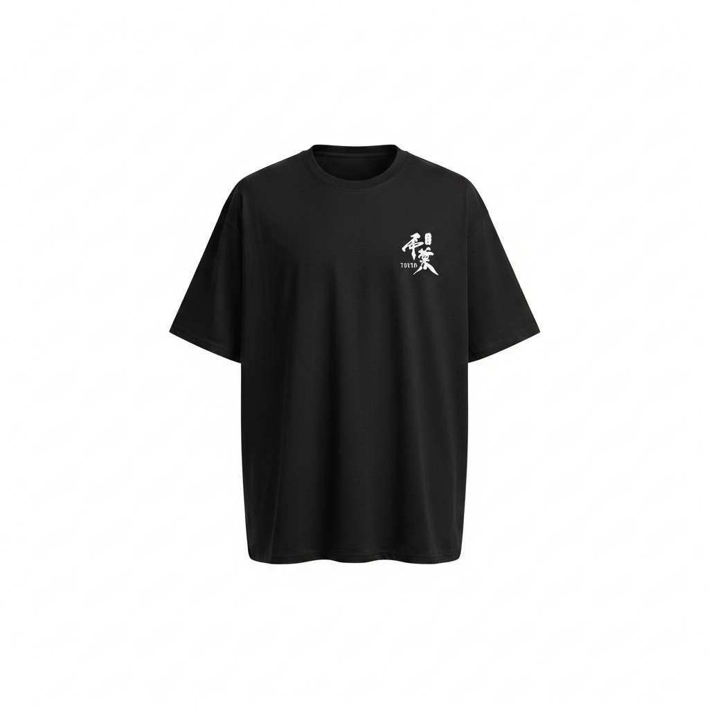 Unisex black Tokyo kanji samurai graphic oversized tee – ghost mannequin front view