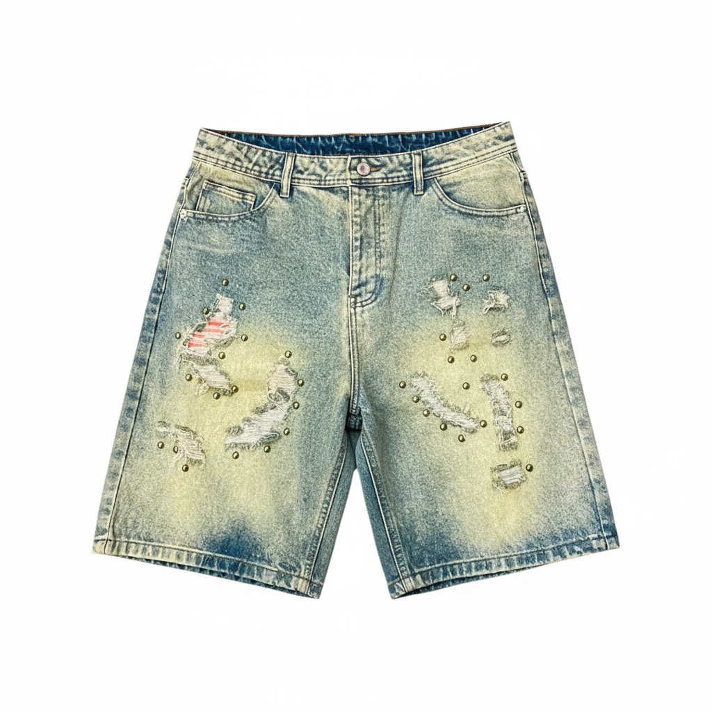 Ghost mannequin front view of yellow teal acid wash distressed denim shorts with gold stud embellishment