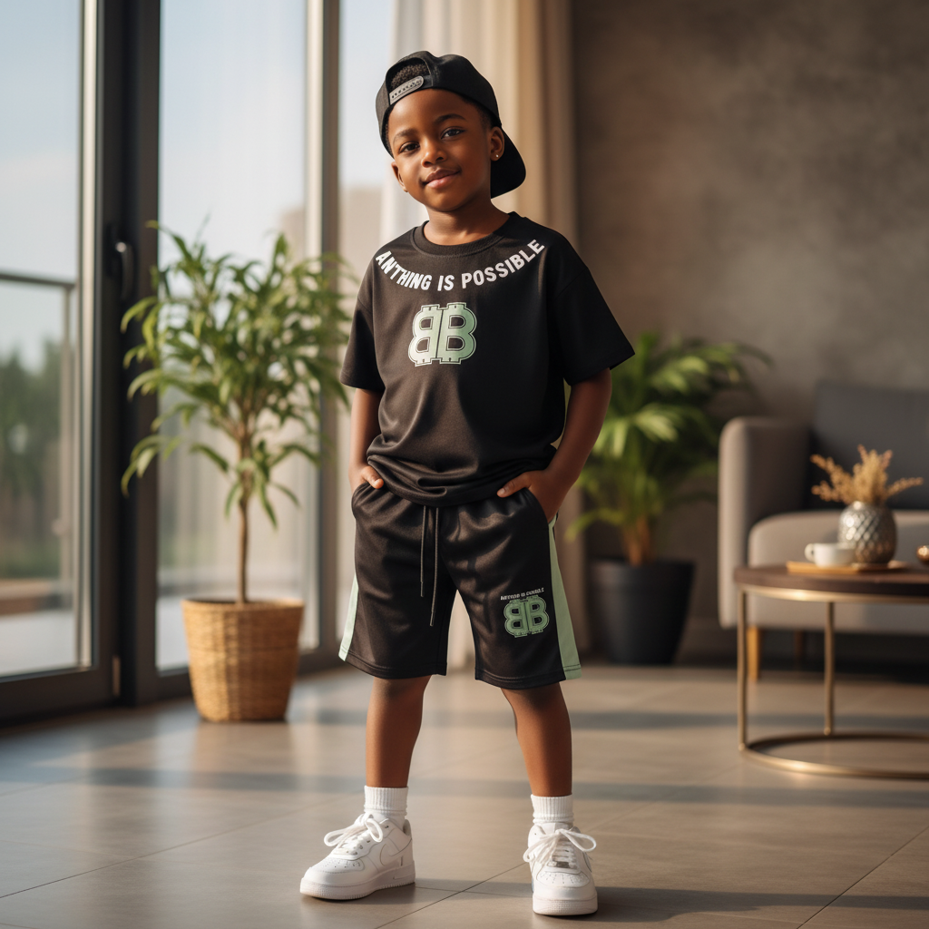 Boy model ages 3-6 wearing full Anything Is Possible tee and shorts set