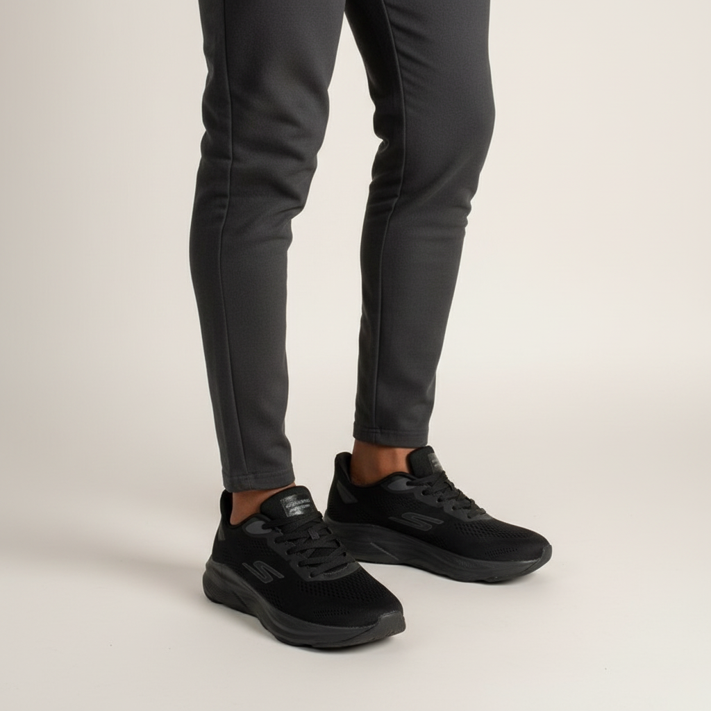 All-black knit running sneakers worn with dark grey joggers