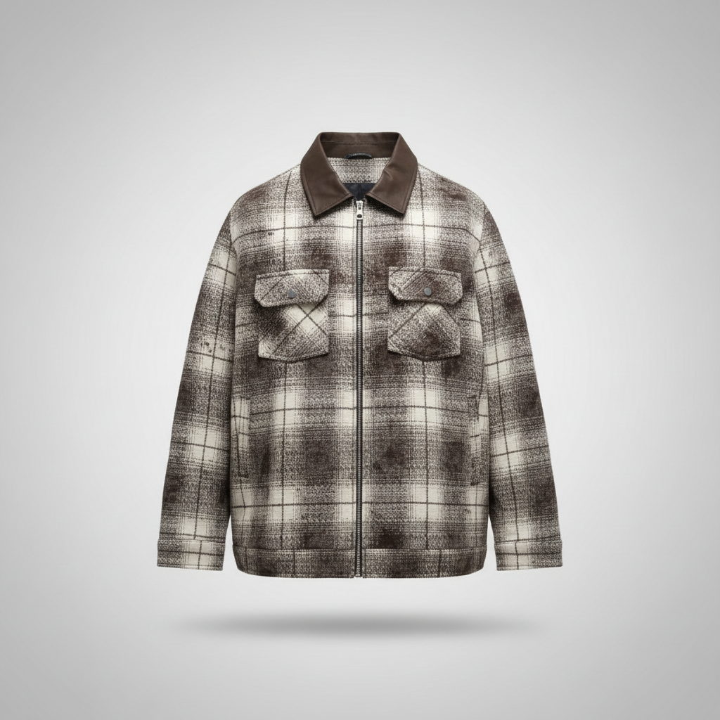 Ghost mannequin brown plaid tweed distressed zip jacket