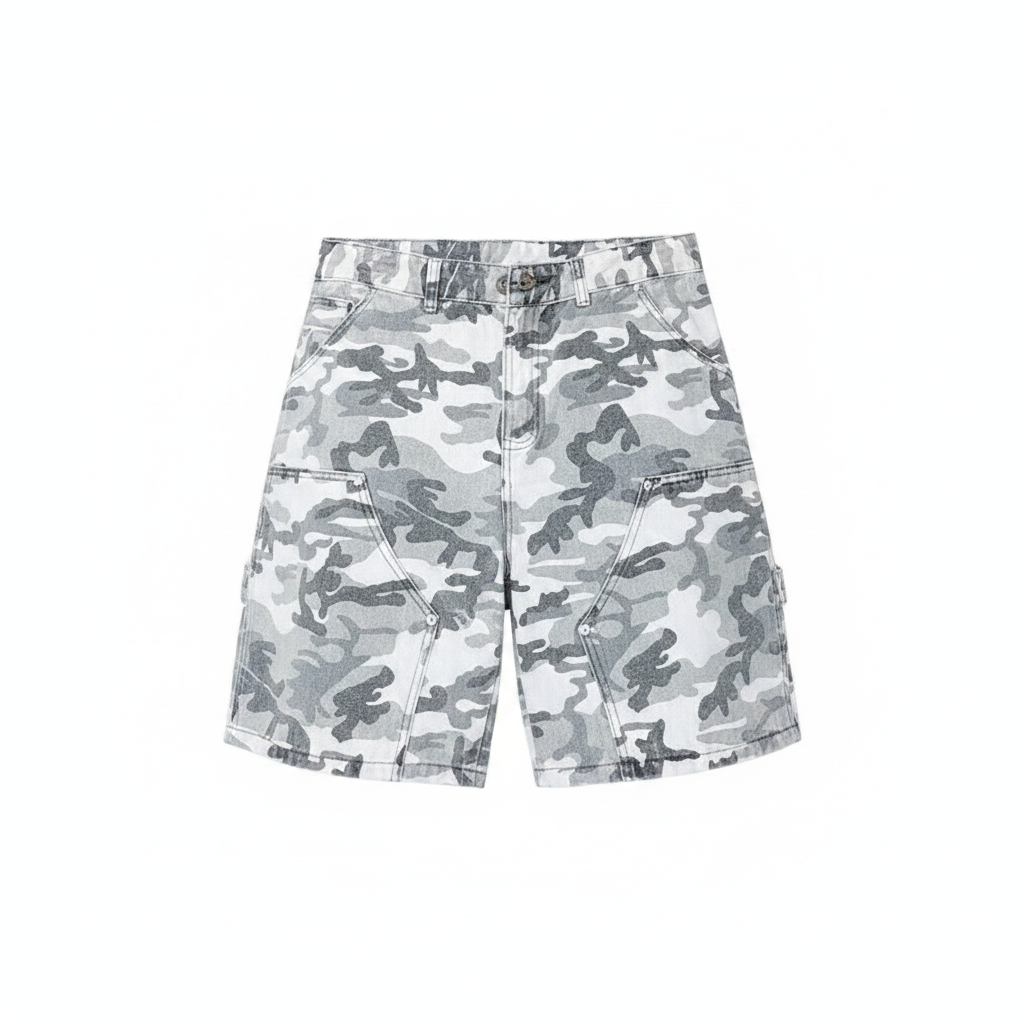 Ghost mannequin front view of grey white camouflage cargo denim shorts with patch pockets