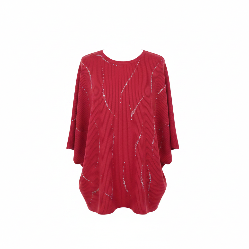 Ghost mannequin front view of red rhinestone wave batwing knit top