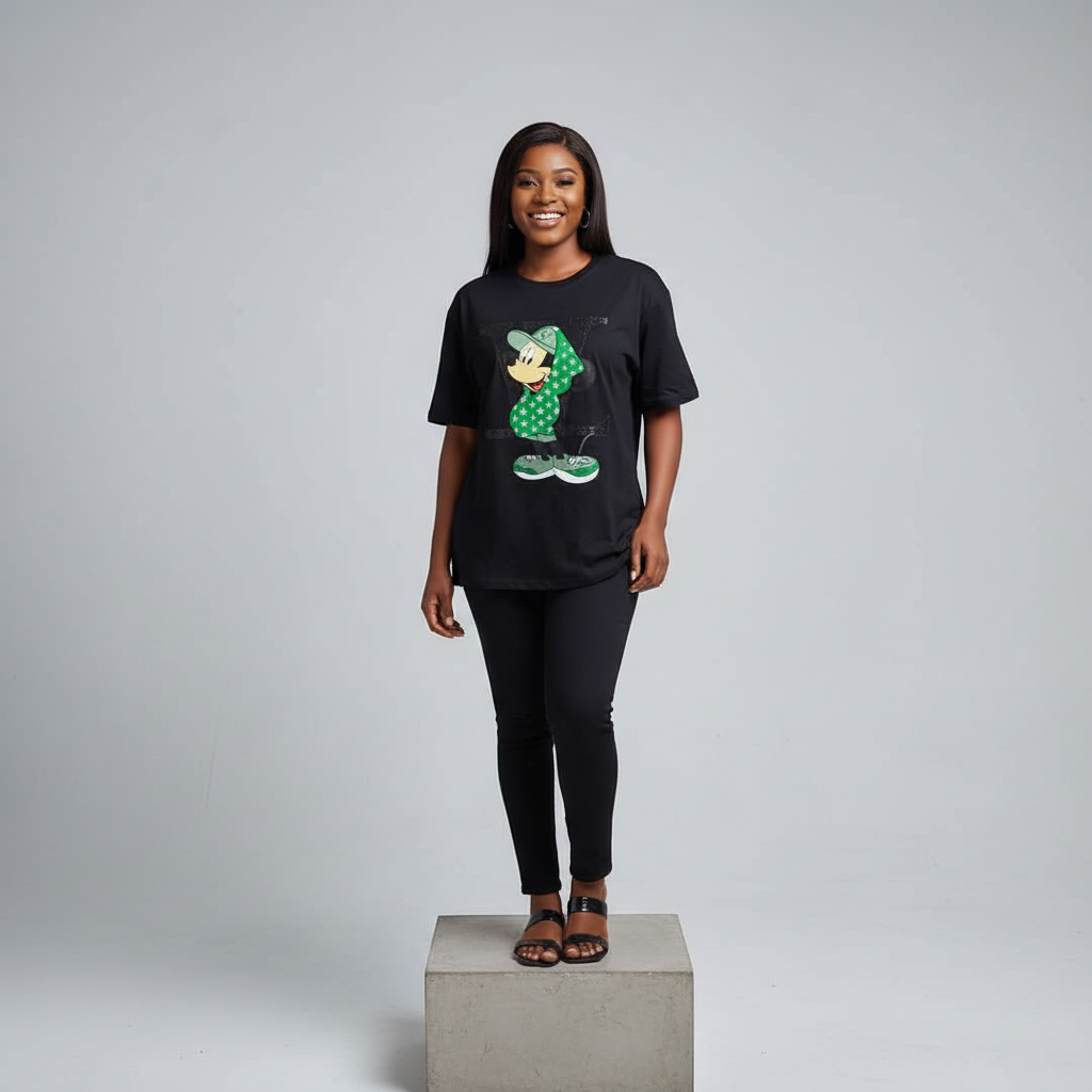 Nigerian female model front view wearing black cartoon character streetwear T-shirt