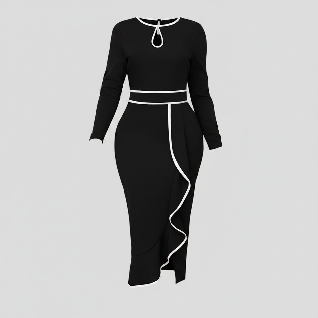 Ghost mannequin view of the black women’s gown with white trim