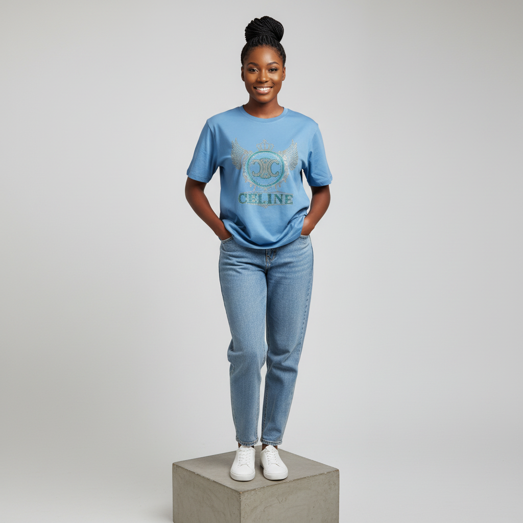 Nigerian female model front view wearing sky blue rhinestone ornate emblem T-shirt
