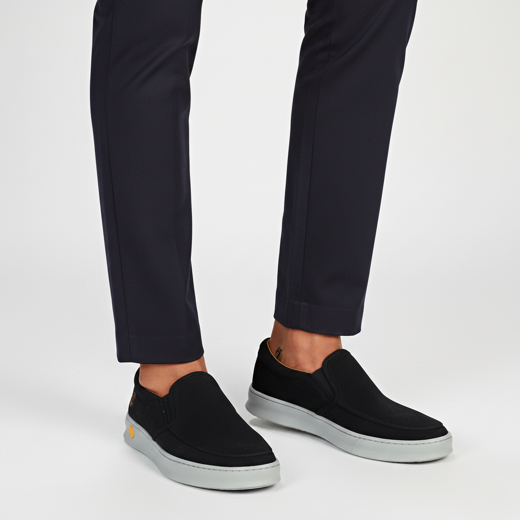 Close-up leg focus of men's navy blue suede slip-on sneakers with dark navy trouser hem