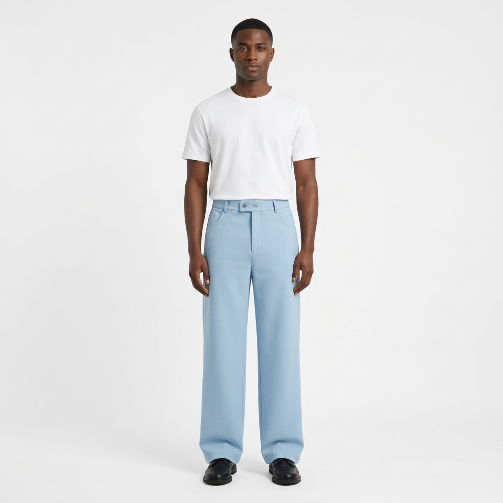 Full-body adult Black man wearing light-blue double-button wide-leg trousers