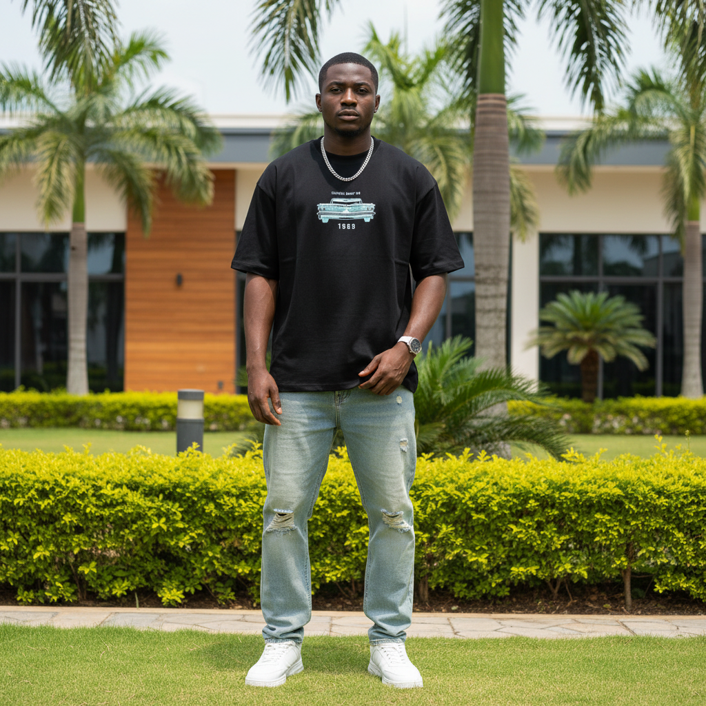 Nigerian male model wearing black coastal drive 1989 vintage car graphic oversized tee – front view
