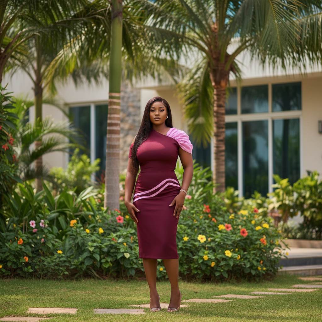 Women's Burgundy & Pink One-Shoulder Puff-Sleeve Midi Dress – Nigerian Female Model