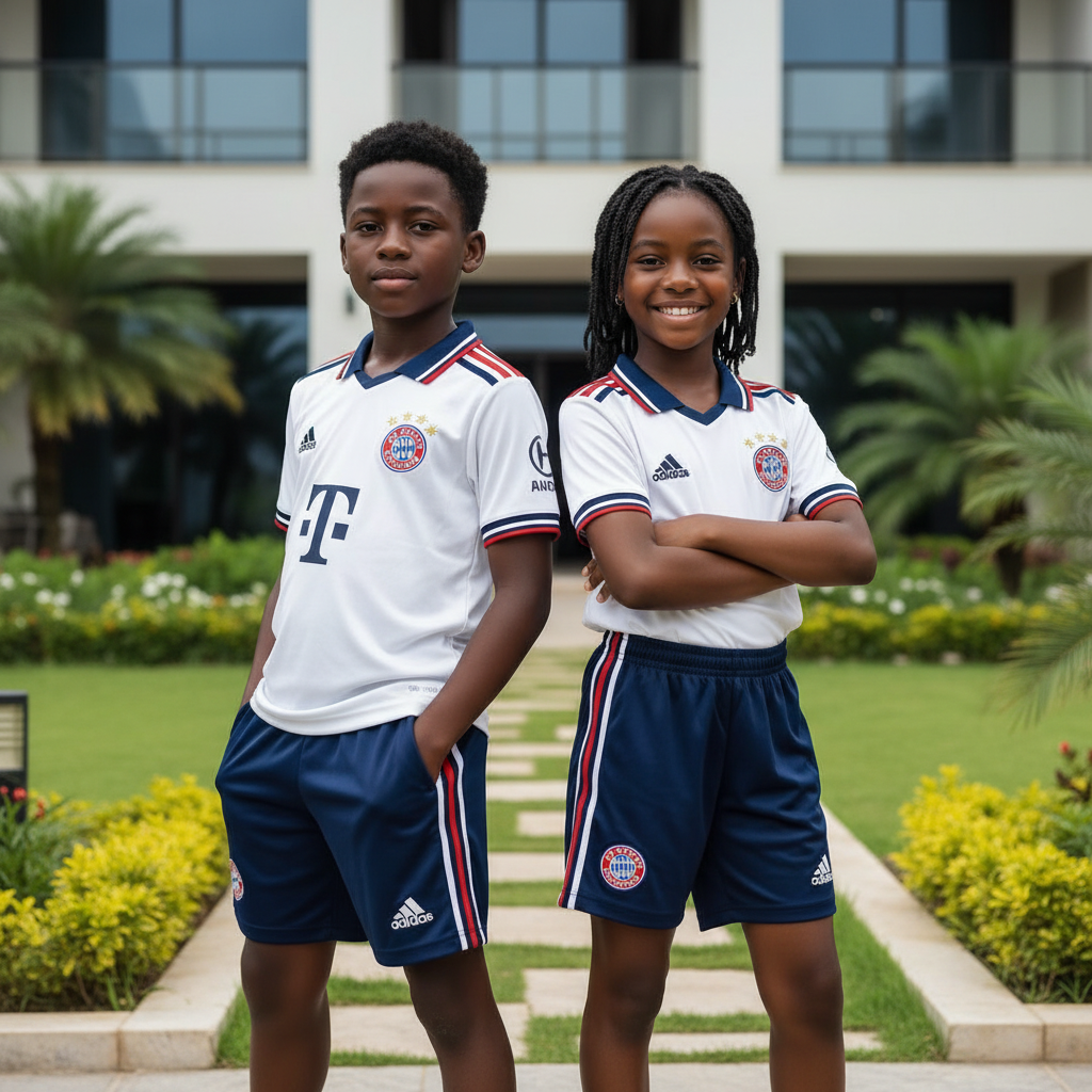 Nigerian boy and girl wearing white stripe kids football jersey and navy shorts set
