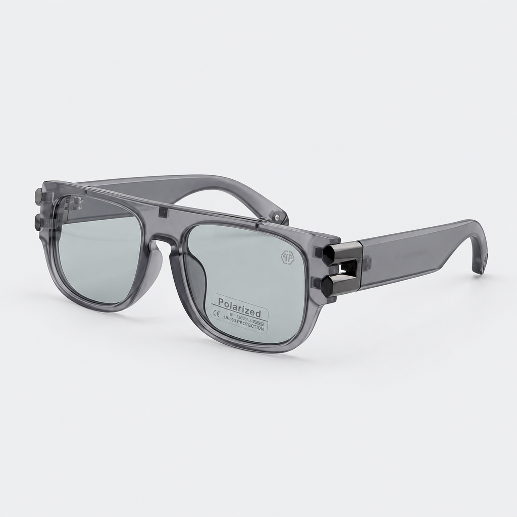 AI-generated smoke-grey flat-top square sunglasses with pale grey lenses