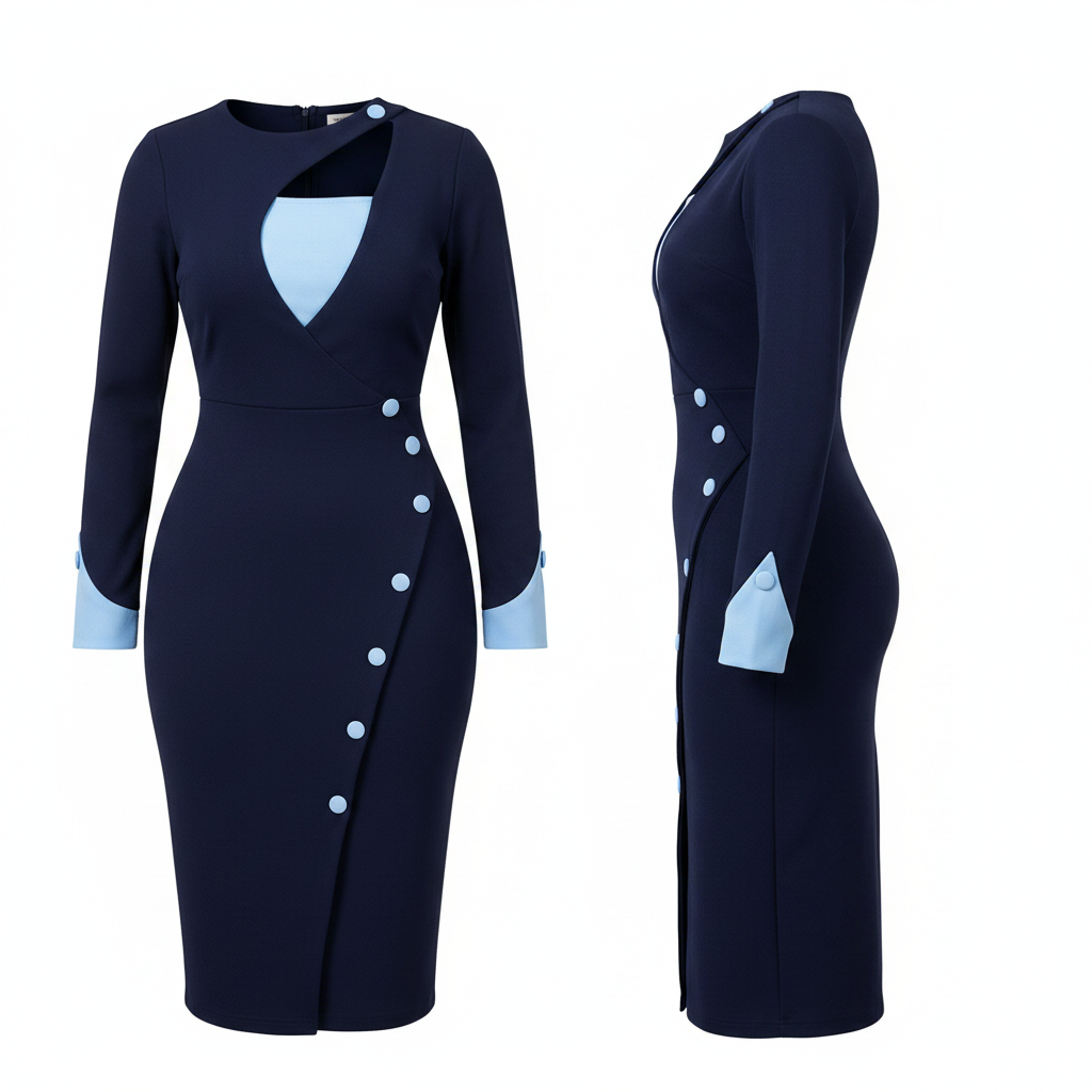 Women's Navy Blue Cutout Contrast Cuff Bodycon Midi Dress – Ghost Mannequin Front and Side View