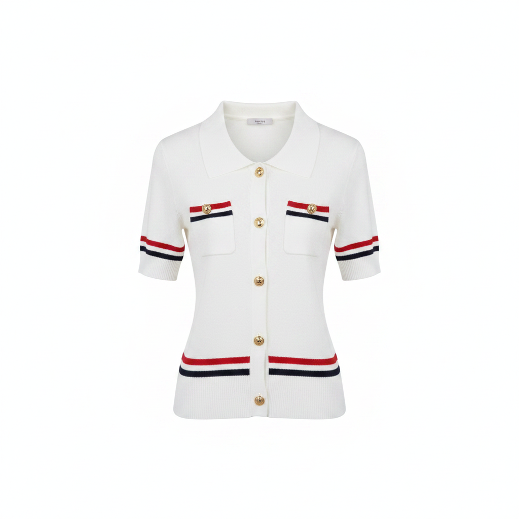 Women's Striped Knit Button-Front Polo Top – Ghost Mannequin White