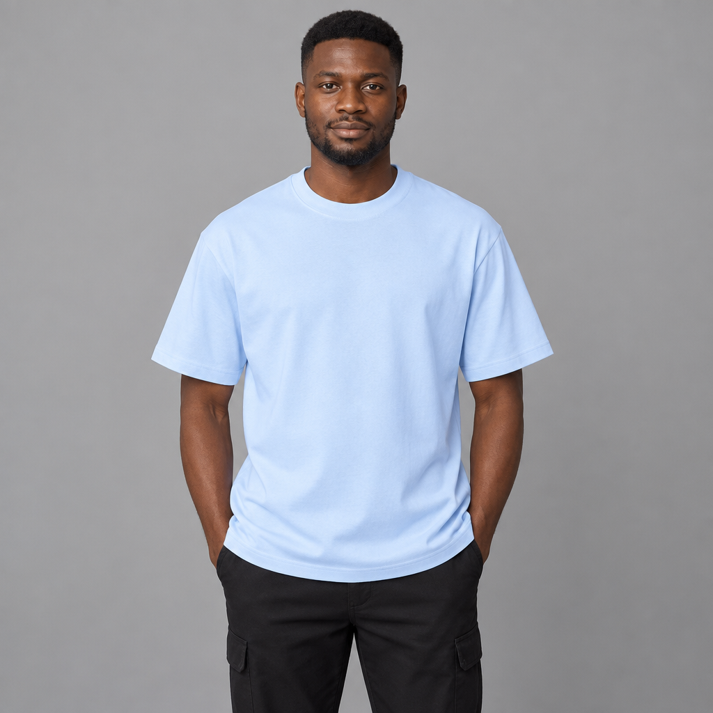 Man wearing plain sky blue crew-neck T-shirt