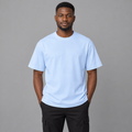 Man wearing plain sky blue crew-neck T-shirt