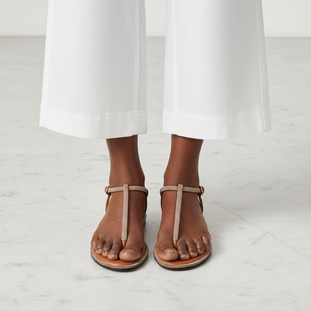 Women's Rhinestone-Edged T-Strap Flat Thong Sandal - Brown Model Editorial Leg Zoom