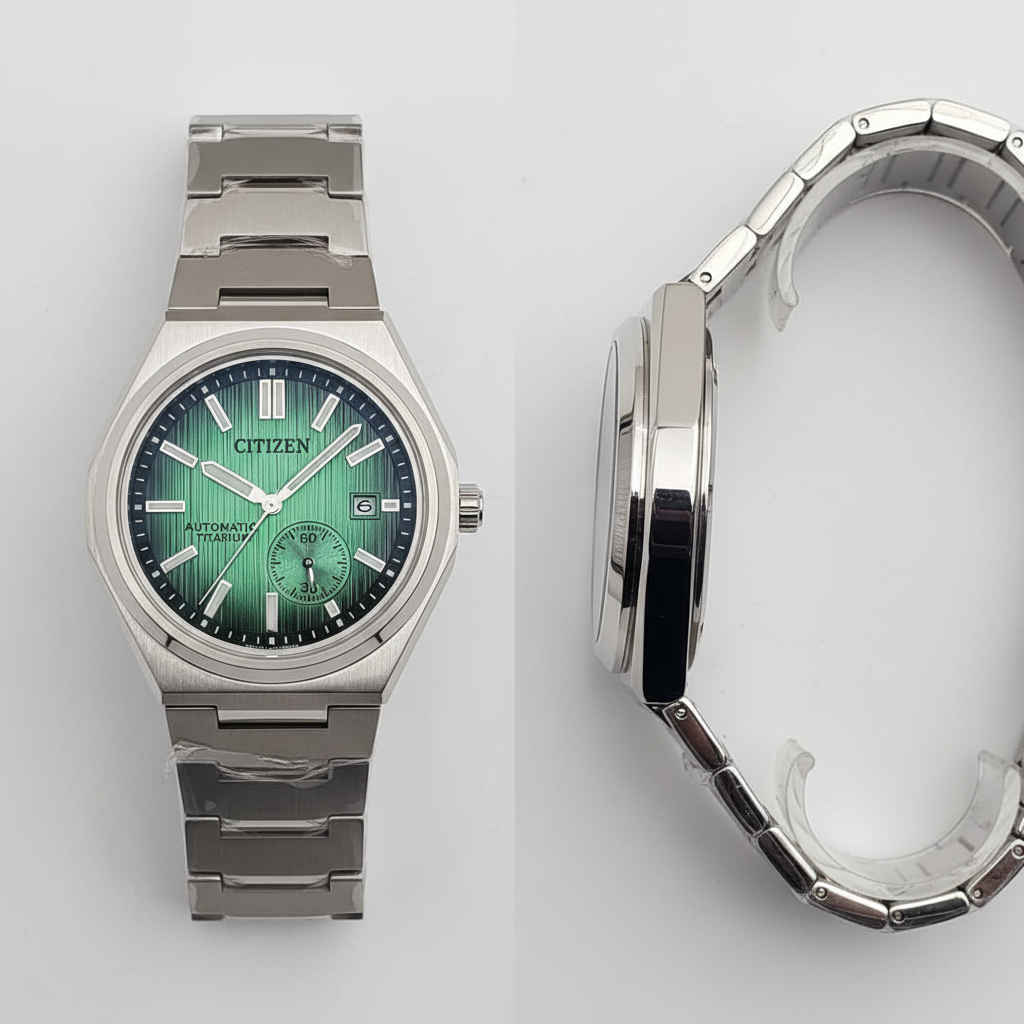Men's green dial titanium automatic watch – front and side ghost mannequin view